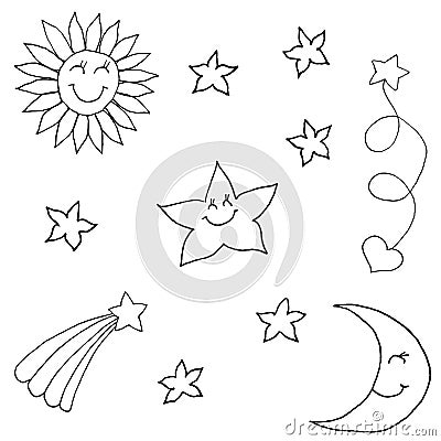 Set of stars in the sky. Hand drawing sketch. Black outline on white background. Vector illustration Vector Illustration