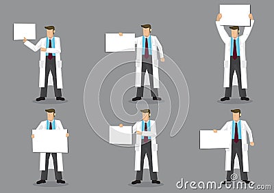 Set of six vector illustrations of cartoon medical professionals in white coat work uniform holding blank placard display sign wit Vector Illustration