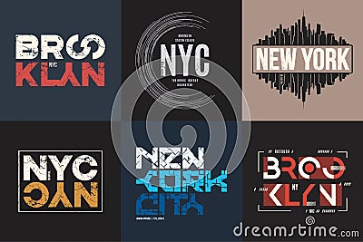 Set of six vector styled New York and Brooklyn t-shirt and apparel typographic designs, prints Vector Illustration