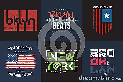 Set of six vector styled New York and Brooklyn t-shirt and apparel typographic designs, prints Vector Illustration