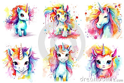 A set of six watercolor illustrations of unicorns, watercolor clipart on white background. Cartoon Illustration