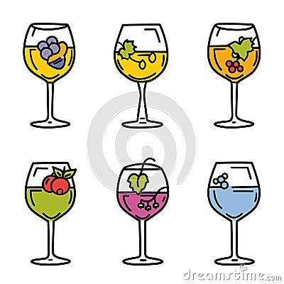 Set six wine glasses filled different beverages, glass adorned fruit motif. Vibrant colored drinks Vector Illustration