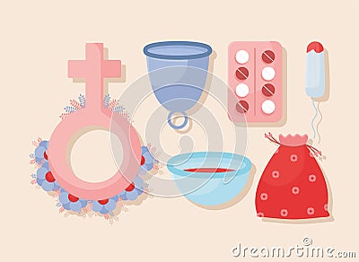 six women menstrual items Vector Illustration