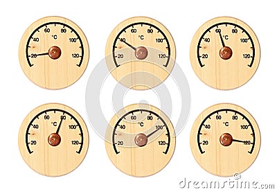Set from six wooden thermometers Stock Photo