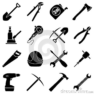 Set of sixteen black and white hand tools on a white background Vector Illustration