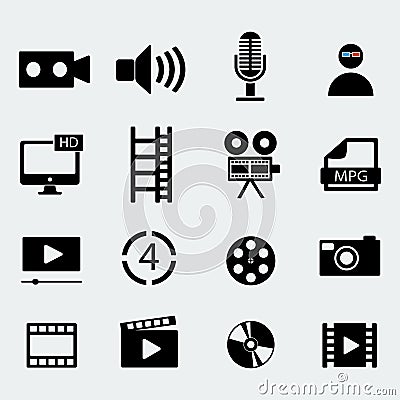 Set of sixteen cinema video icons . Vector illustration Vector Illustration