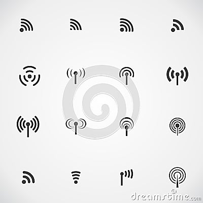 Set of sixteen different black vector wireless and wifi icons Vector Illustration