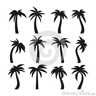 Set of sixteen different silhouettes of palm trees Vector Illustration