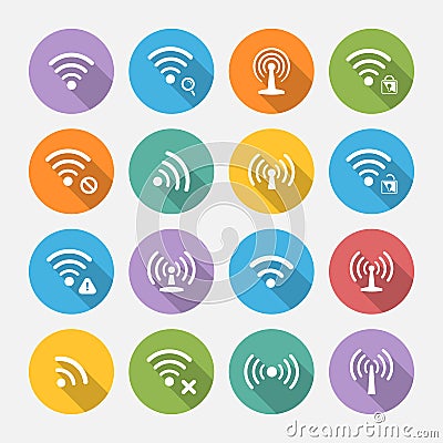 Set of sixteen different flat vector wi-fi and wireless icons Vector Illustration