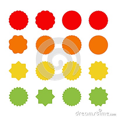 A set of sixteen different starburst sunburst icons in four bright colors on a white background, an empty sign with an inscription Vector Illustration