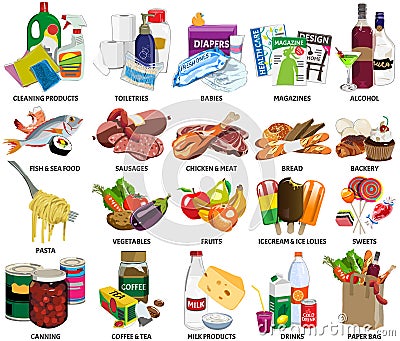 Set of sixty four supermarket icons Stock Photo