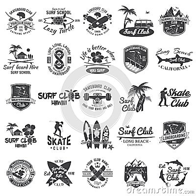 Set of skateboard, longboard and surf club badges. Vector illustration. Vector Illustration