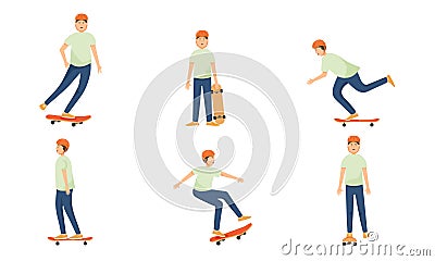 Set of skateboard teenage boy in helmet skates and performs various complex tricks. Vector illustration in flat cartoon Vector Illustration