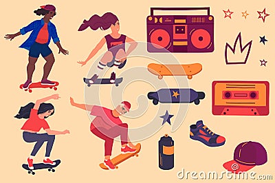 Set with skateboarders, hip hop and skateboarding attributes. Girls, boy riding and jumping on skate, tape recorder Vector Illustration