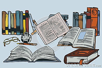 Set sketch of books stacks with eyeglasses, pen and ink pen. Pile of retro book with open pages and antique pen and ink pen. Hand Vector Illustration