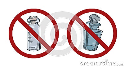 Set of sketch bottles in forbidden sign. Ban on natural medicine. Prohibition perfumes and potions. Vector object Vector Illustration