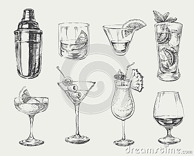 Set of sketch cocktails and alcohol drinks Vector Illustration