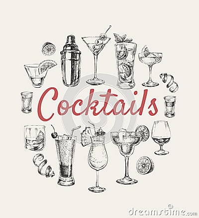 Set sketch cocktails and alcohol drinks hand drawn illustration Vector Illustration
