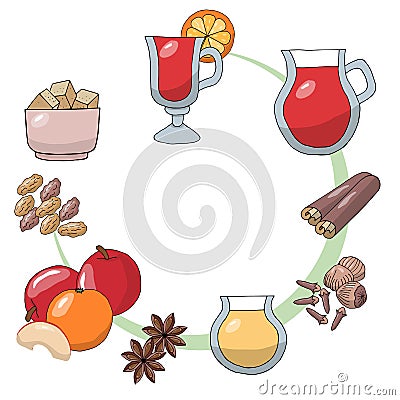 Set of sketch drawings. Ingredients for mulled wine. Mulled wine orange, zest, nutmeg, cinnamon stick, cloves, anise, raisins, hon Vector Illustration