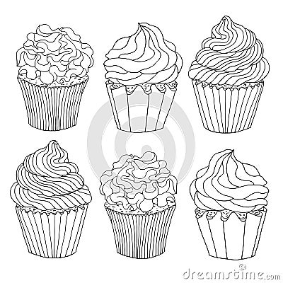 Set of sketch drawn black contour cupcakes, decorated with cream, isolated on white background. Template for coloring or design Vector Illustration