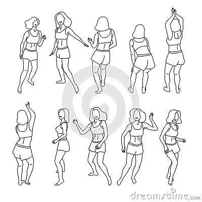 Set of sketch ink hand drawn dancing ladies in different poses. Doodle collection of woman dancers contours, disco party Vector Illustration