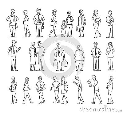 Set sketch a lot of different people. Many ordinary people on the street. Hand drawn black line vector stock Vector Illustration