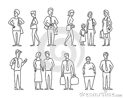 Set sketch a lot of different people. Many ordinary people on the street. Hand drawn black line vector stock Vector Illustration