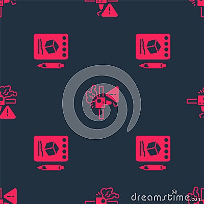 Set Sketch on paper and 3D printer warning on seamless pattern. Vector Vector Illustration