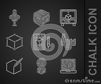 Set Sketch on paper, Isometric cube, 3D printer, Printing house industry, 3d pen tool, and scanner icon. Vector Stock Photo