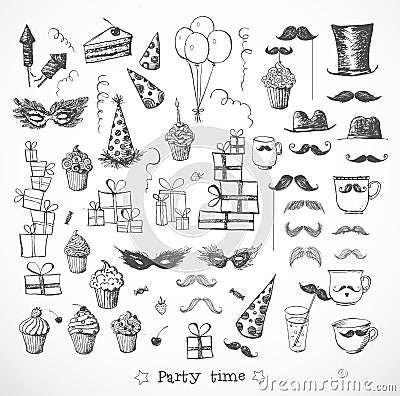 Set of sketch party objects hand-drawn with ink Vector Illustration