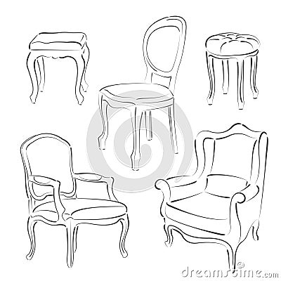 Set of sketched armchairs and chairs. Stock Photo