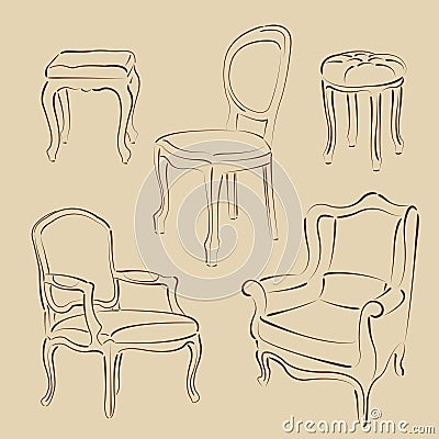 Set of sketched armchairs and chairs. Vector Illustration