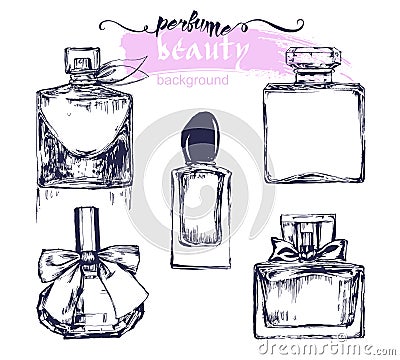 A set of sketches of beautiful perfume bottles.Vector Cartoon Illustration