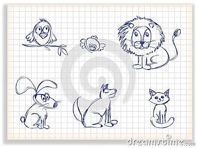 Set of sketches of birds and animals Vector Illustration