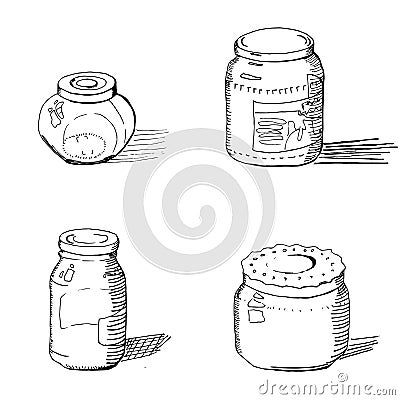 Set of sketches of closed glass jars Cartoon Illustration
