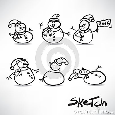 Set of sketches of funny cute snowman Vector Illustration