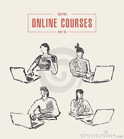 Set girl laptop education online courses vector Vector Illustration