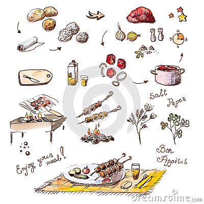 Set of skewers drawings and ingredients for cooking, watercolor and pen Stock Photo