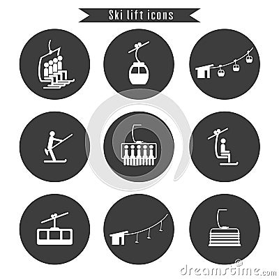 Set of ski cable lift icons for ski and winter sports. Vector Illustration