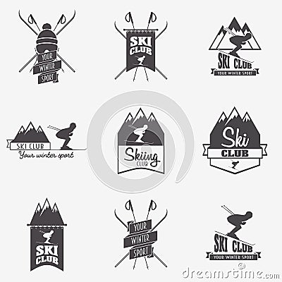 Set of ski club, Patrol Labels. Bundle of vintage mountain winter camp explorer badges. Vector Illustration