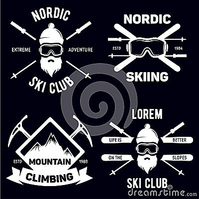 Set of Ski Club. Vintage Mountain winter badges. Outdoor adventure logo design.Snowboard icon symbol Vector Illustration