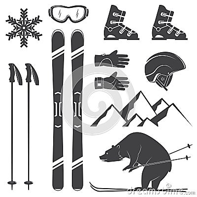 Set of skiing equipment silhouette icons. Vector Illustration