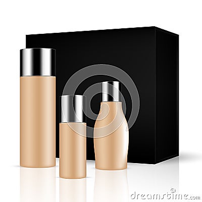 SET of skin toned beauty products/cosmetics bottles and containers with silver lid and black box Vector Illustration