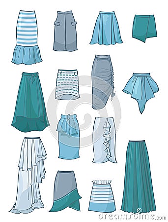 Set of skirts with asymmetry and folds Vector Illustration