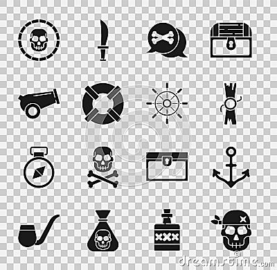 Set Skull, Anchor, Decree, parchment, scroll, Location pirate, Lifebuoy, Cannon, Pirate coin and Ship steering wheel Vector Illustration