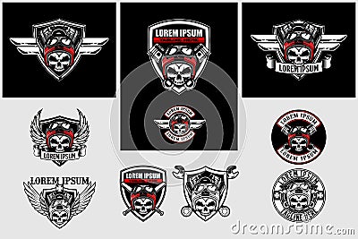 Set of skull biker with v-twin engine and shield vector logo template Vector Illustration