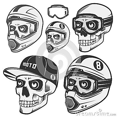 Set of skull helm biker and motosport. Vector Illustration