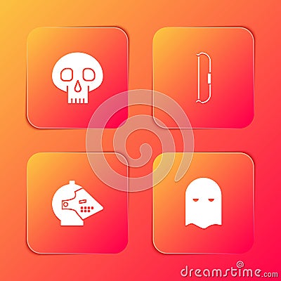 Set Skull, Medieval bow, iron helmet and Executioner mask icon. Vector Vector Illustration