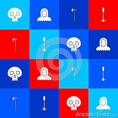 Set Skull, Medieval hood, halberd and Torch flame icon. Vector Vector Illustration