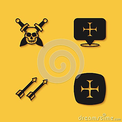 Set Skull with sword, Crusade, Medieval arrows and icon with long shadow. Vector Vector Illustration